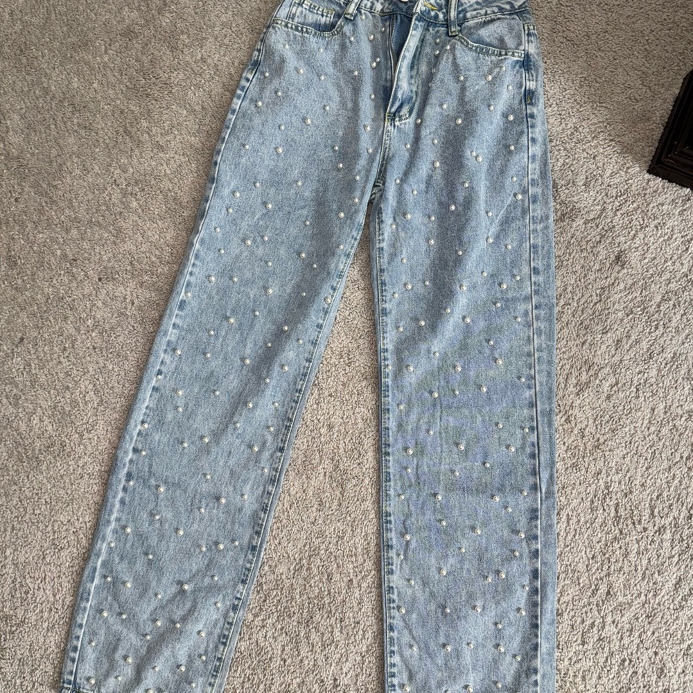 SHEIN Light Blue Straight Leg Jeans with pearls